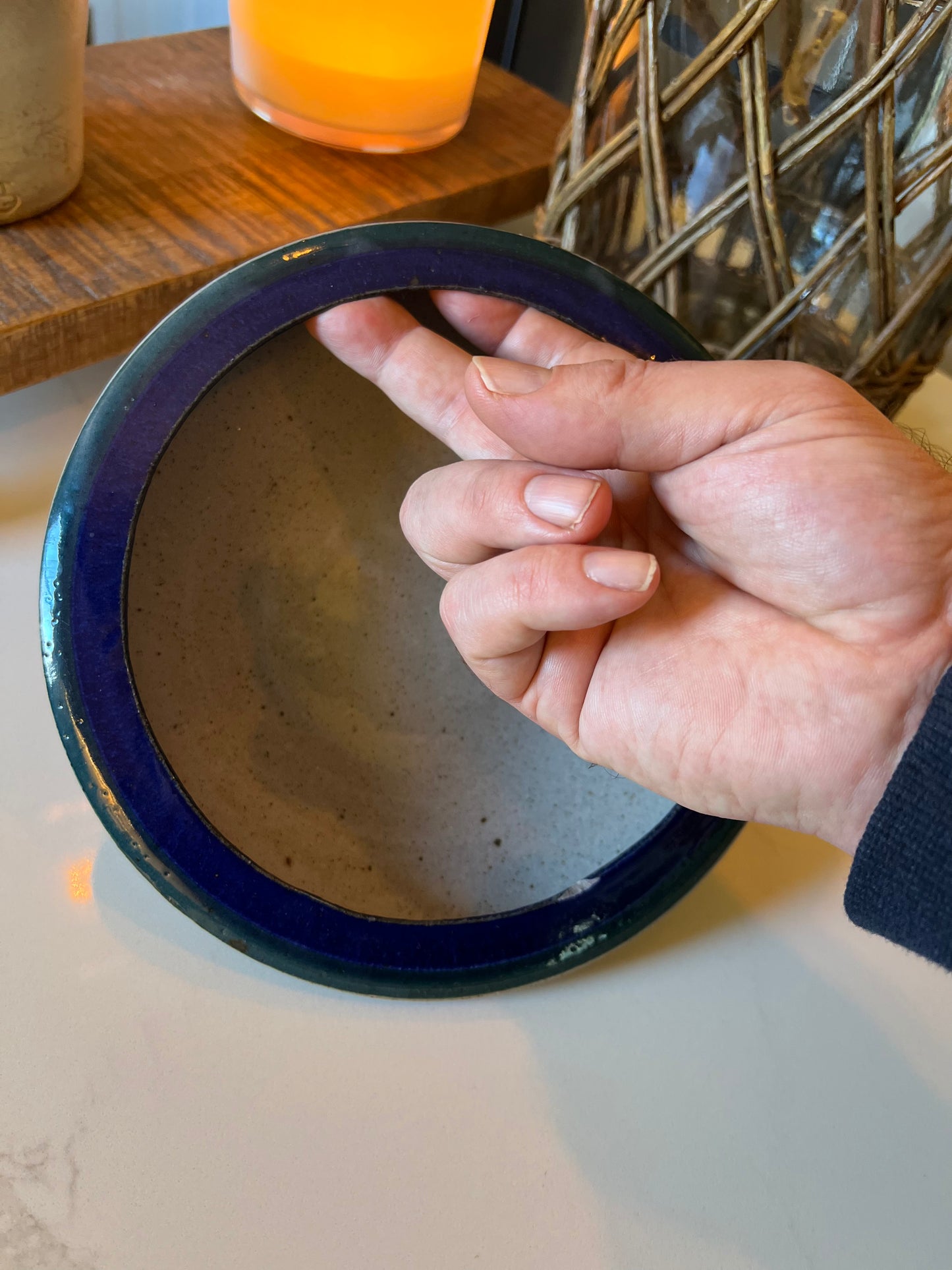 Glazed and Signed Studio Pottery Blue Rimmed Bowl