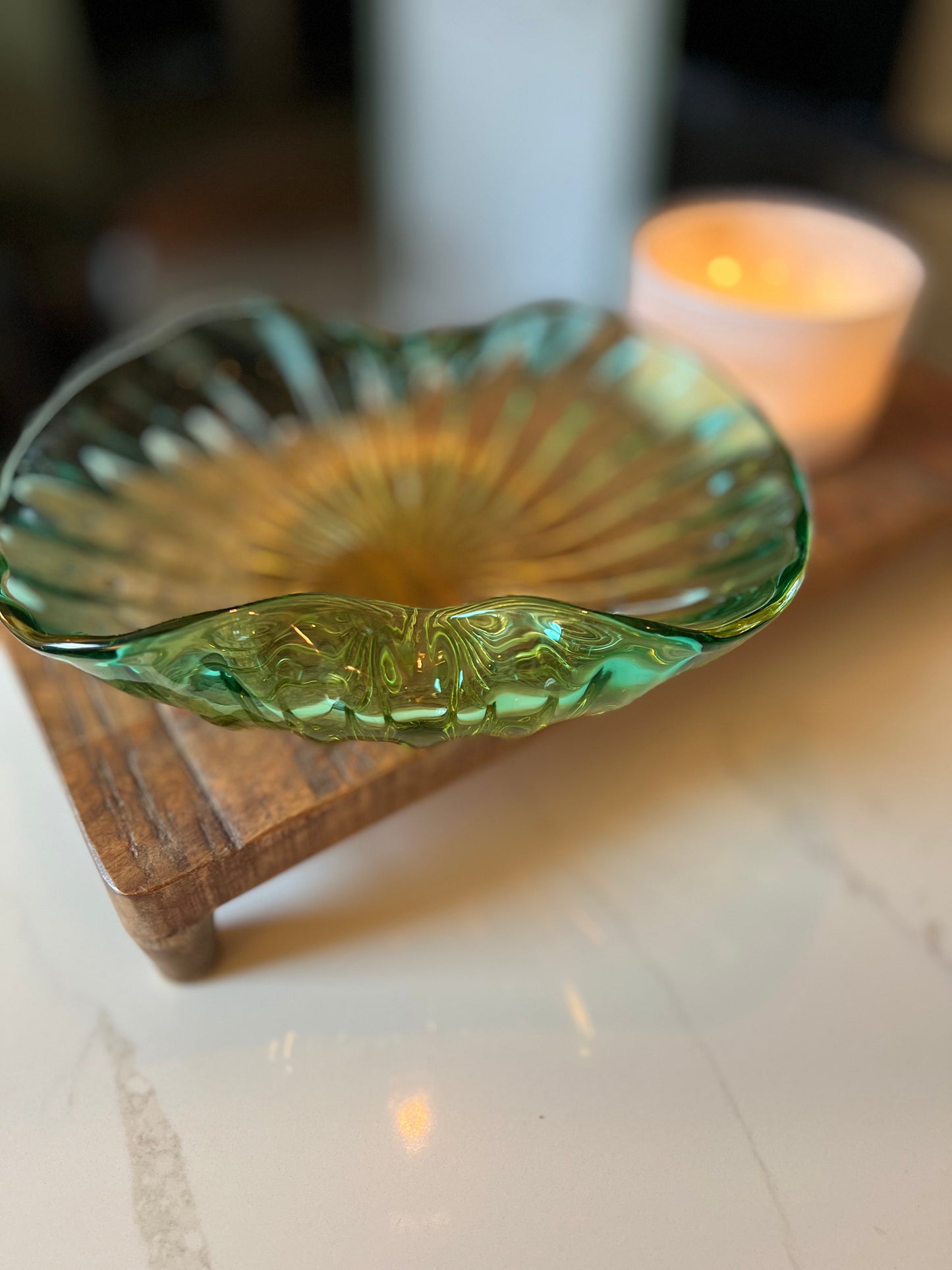 Vintage Murano Barbini Sommerso Green and Yellow Glass Bowl