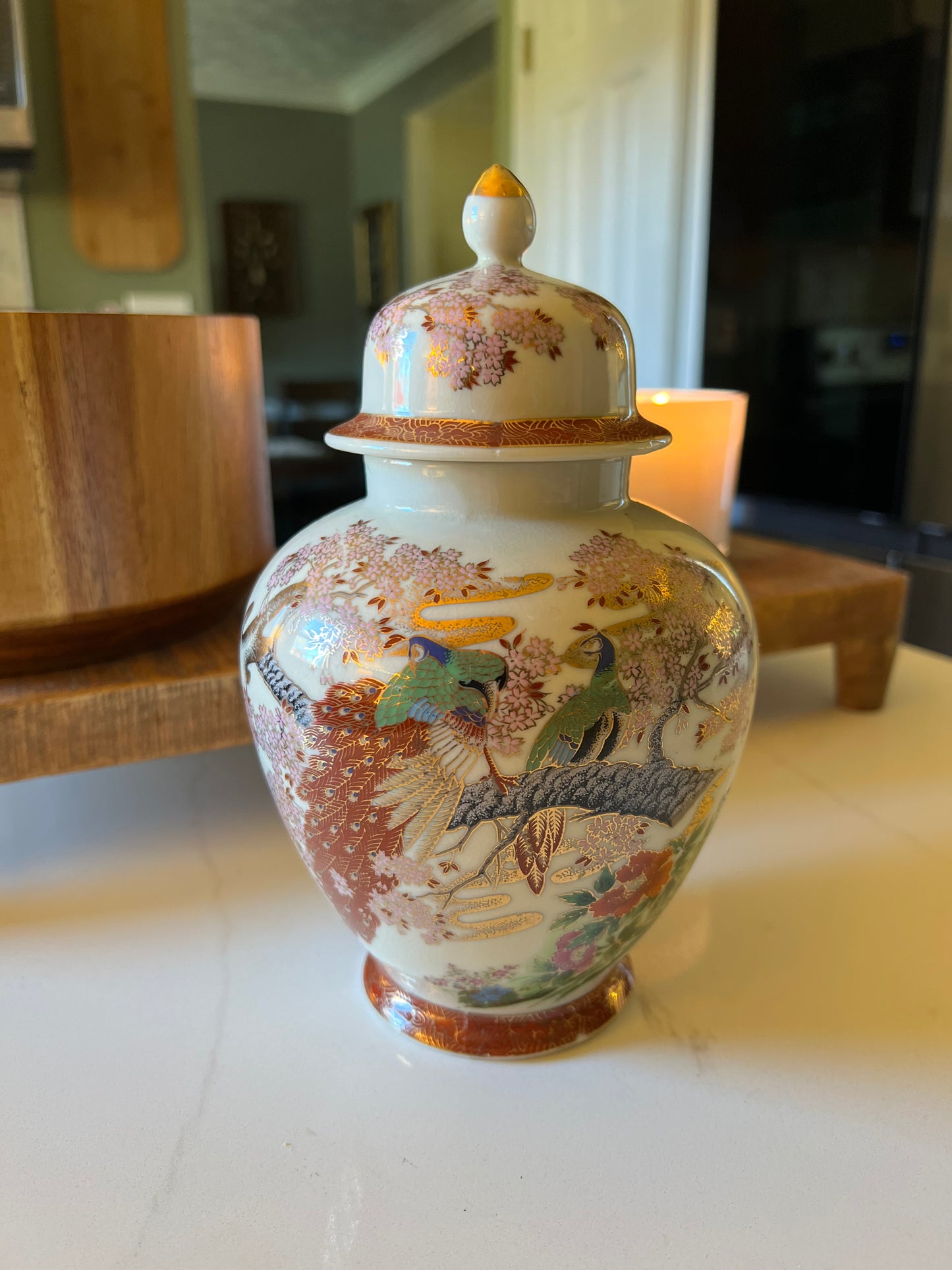 Vintage Japanese Satsuma Peacock Jar