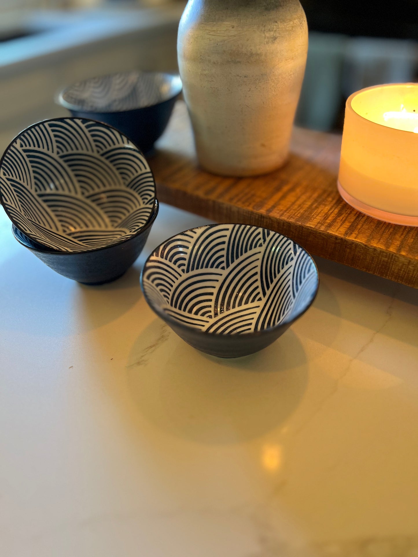 Stoneware Wave Pattern Japanese Noodle Bowls - Set of 4