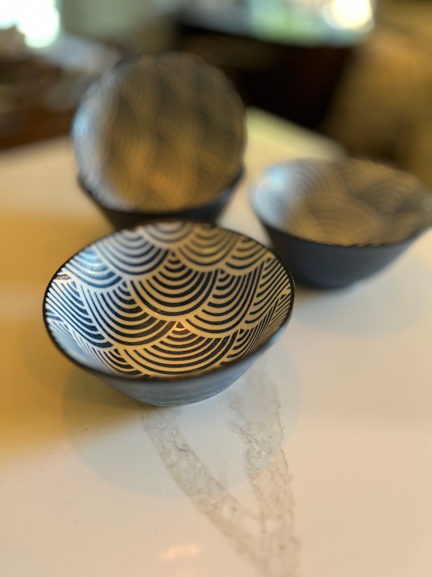 Stoneware Wave Pattern Japanese Noodle Bowls - Set of 4