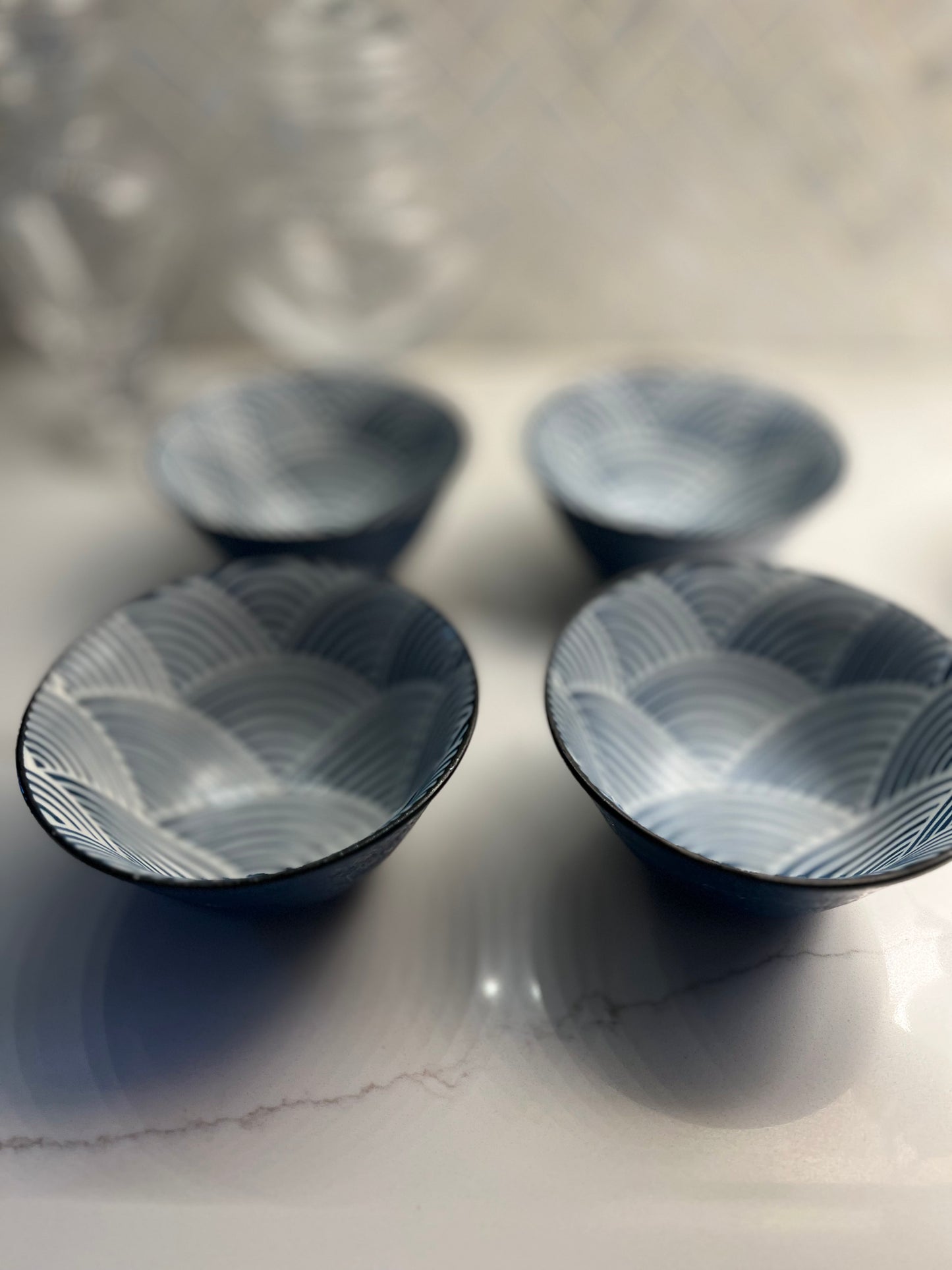 Stoneware Wave Pattern Japanese Noodle Bowls - Set of 4