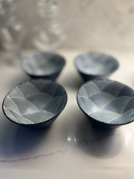 Stoneware Wave Pattern Japanese Noodle Bowls - Set of 4