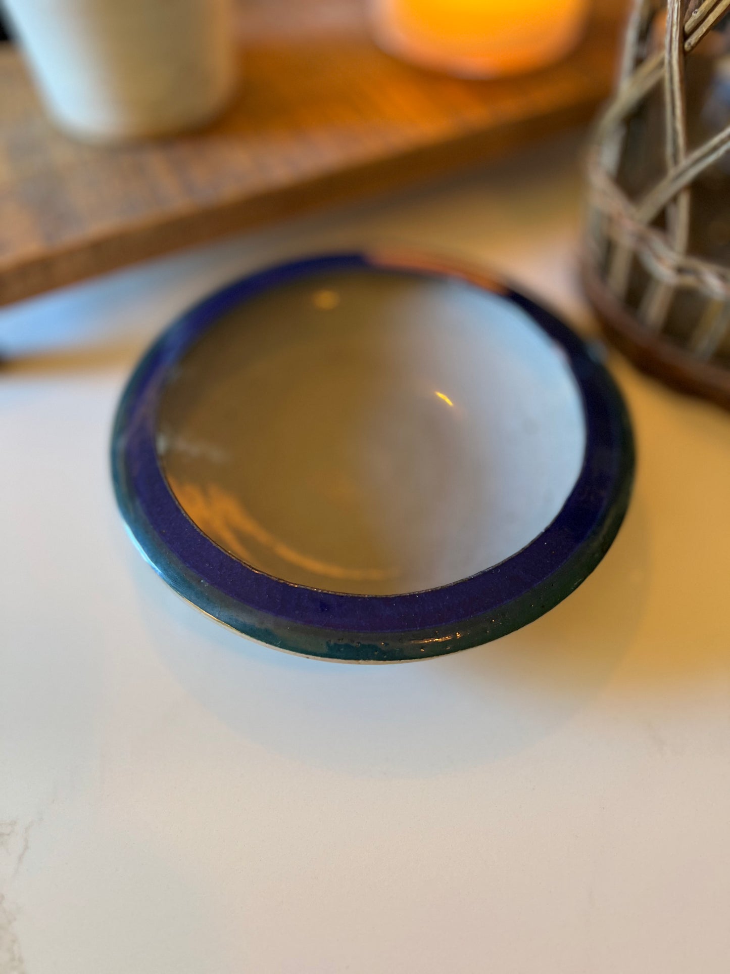 Glazed and Signed Studio Pottery Blue Rimmed Bowl