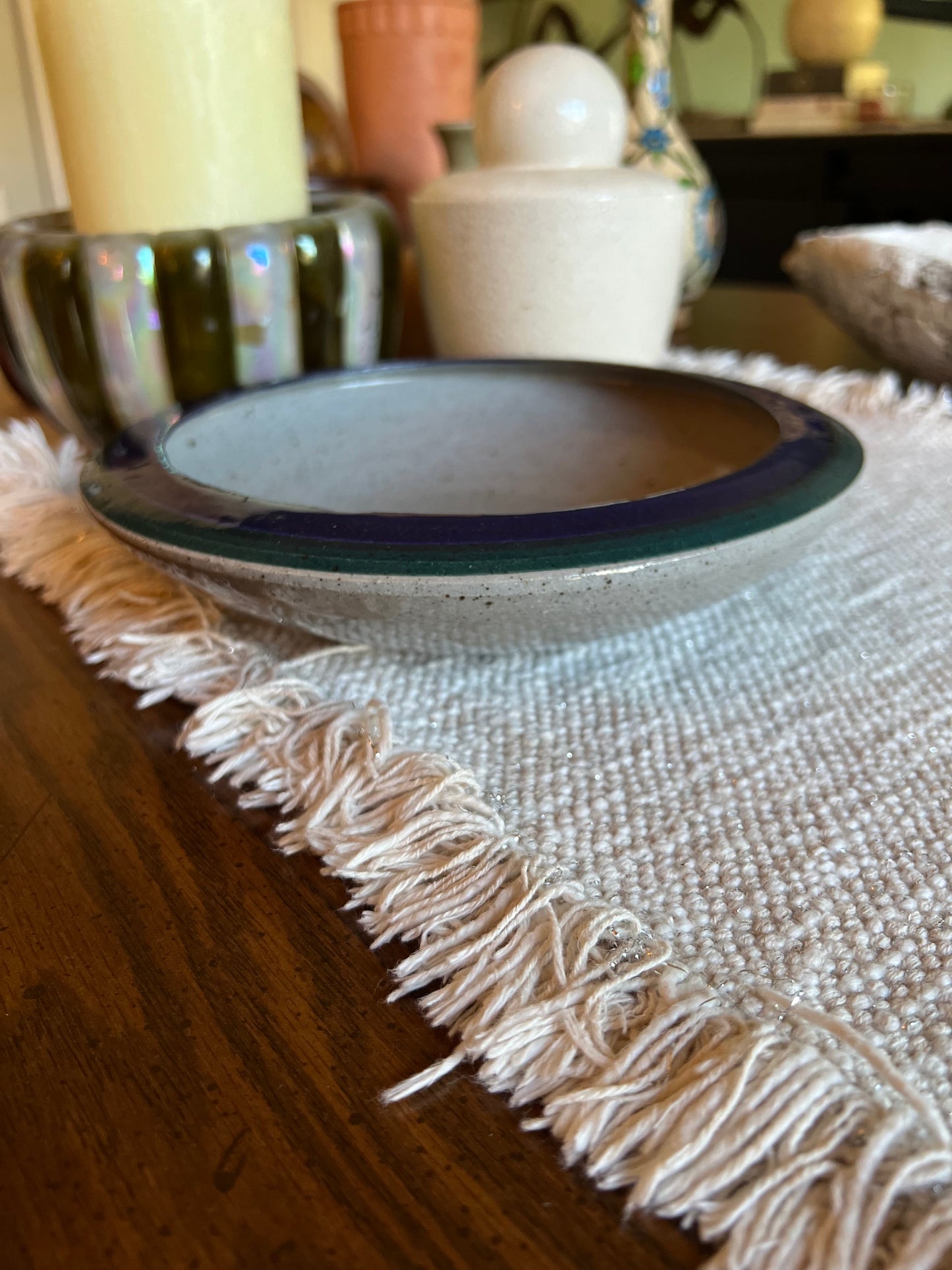 Glazed and Signed Studio Pottery Blue Rimmed Bowl