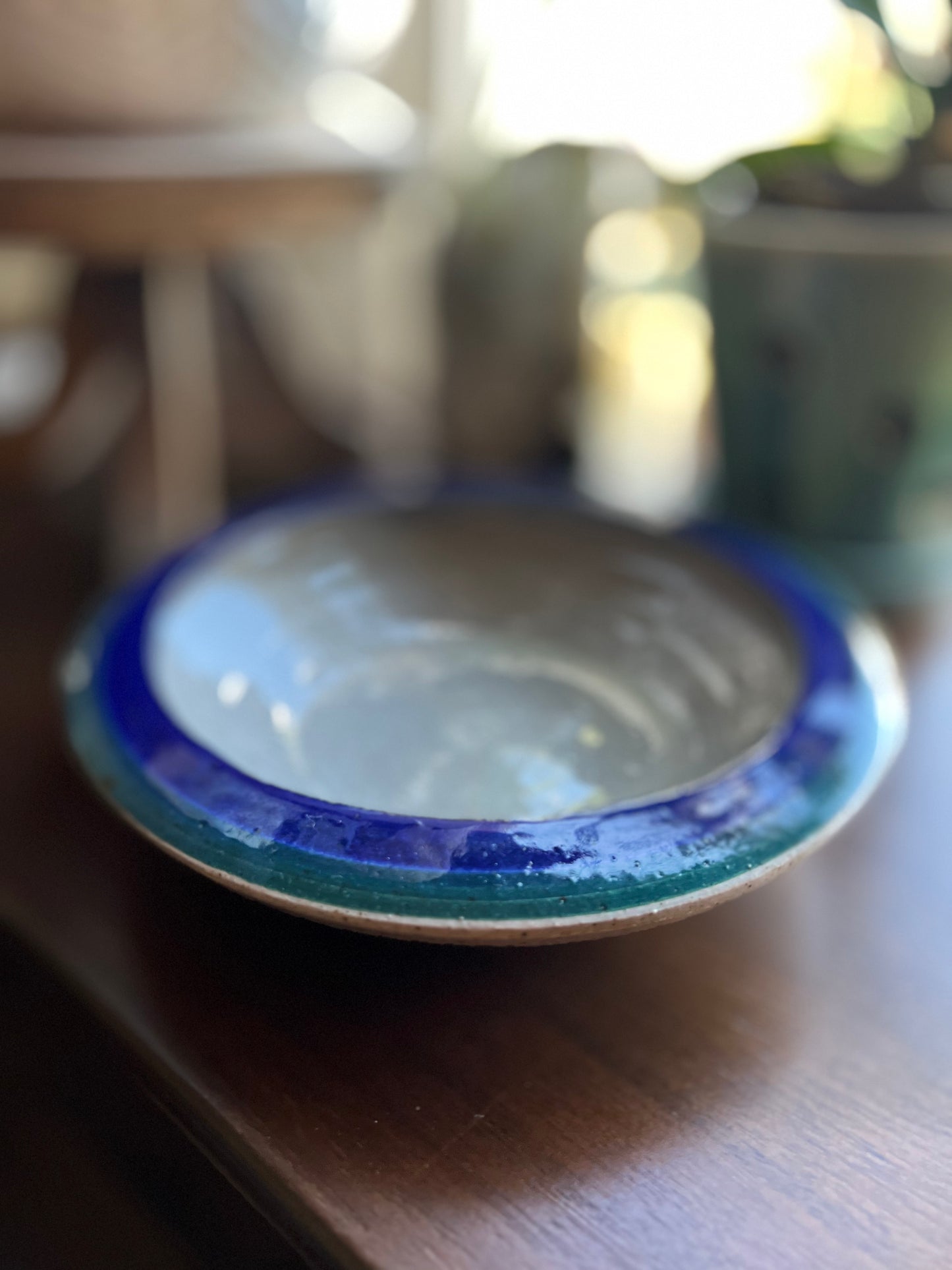 Glazed and Signed Studio Pottery Blue Rimmed Bowl