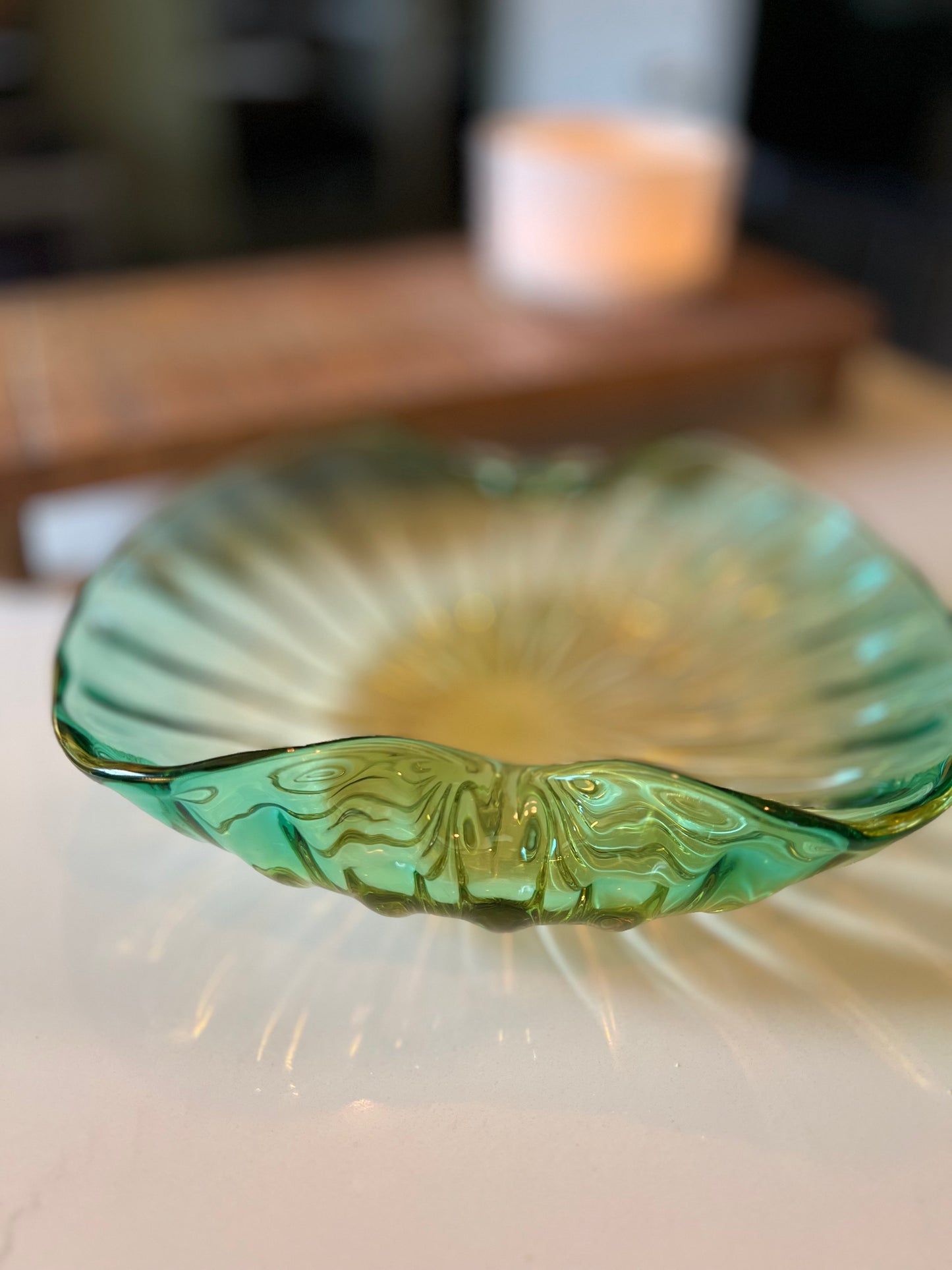 Vintage Murano Barbini Sommerso Green and Yellow Glass Bowl