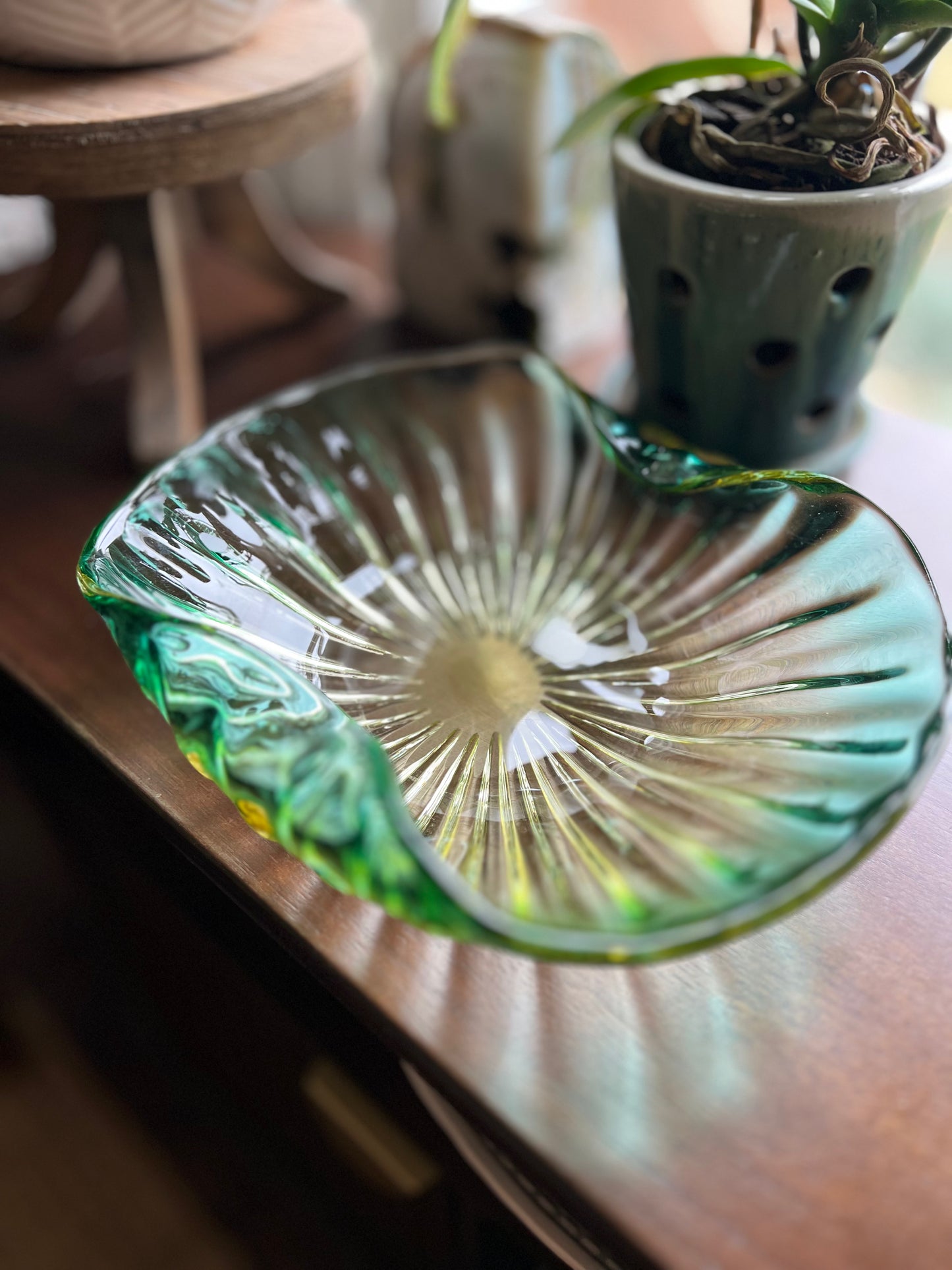 Vintage Murano Barbini Sommerso Green and Yellow Glass Bowl