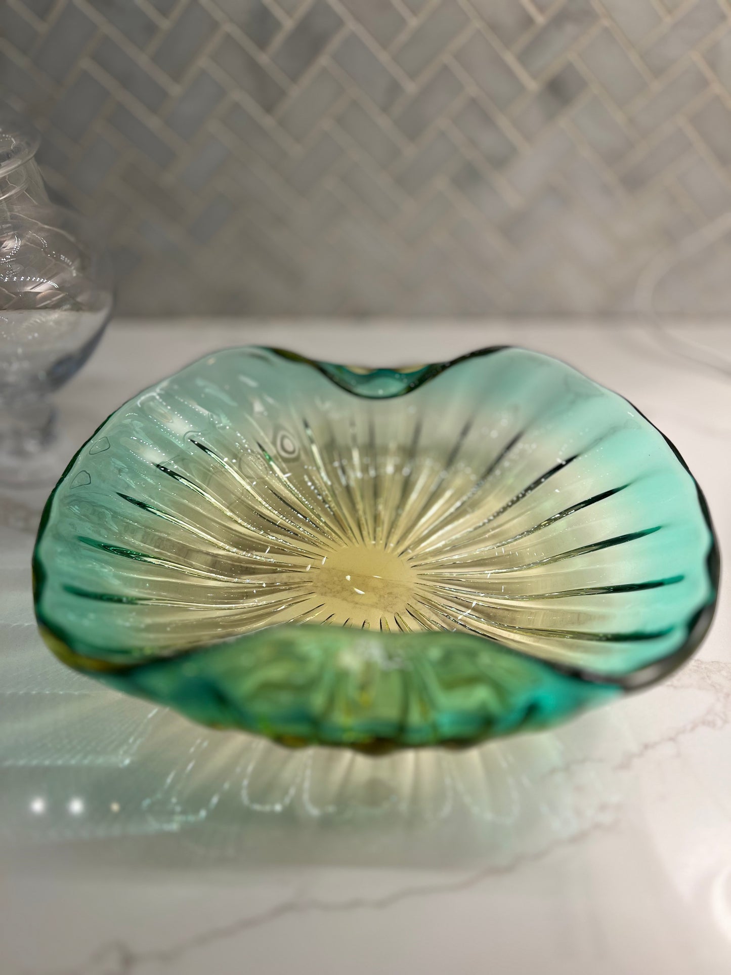 Vintage Murano Barbini Sommerso Green and Yellow Glass Bowl