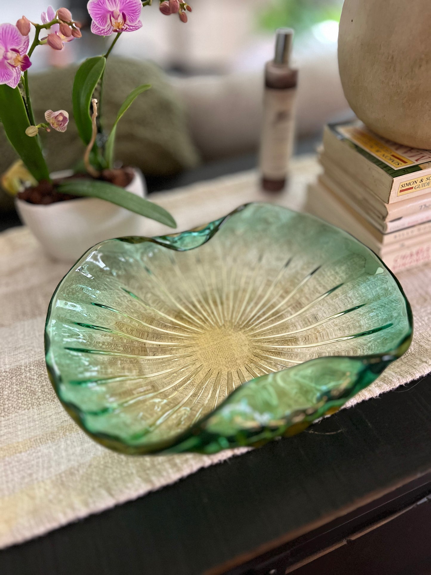 Vintage Murano Barbini Sommerso Green and Yellow Glass Bowl