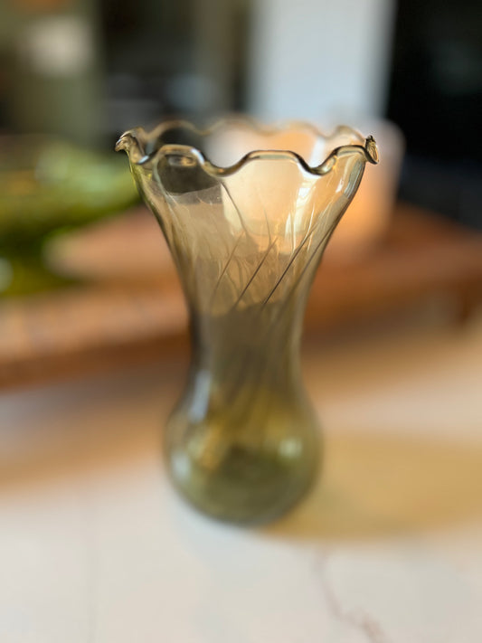 Vintage Green Glass Bud Vase With Swirl Pattern and Ruffled Edge