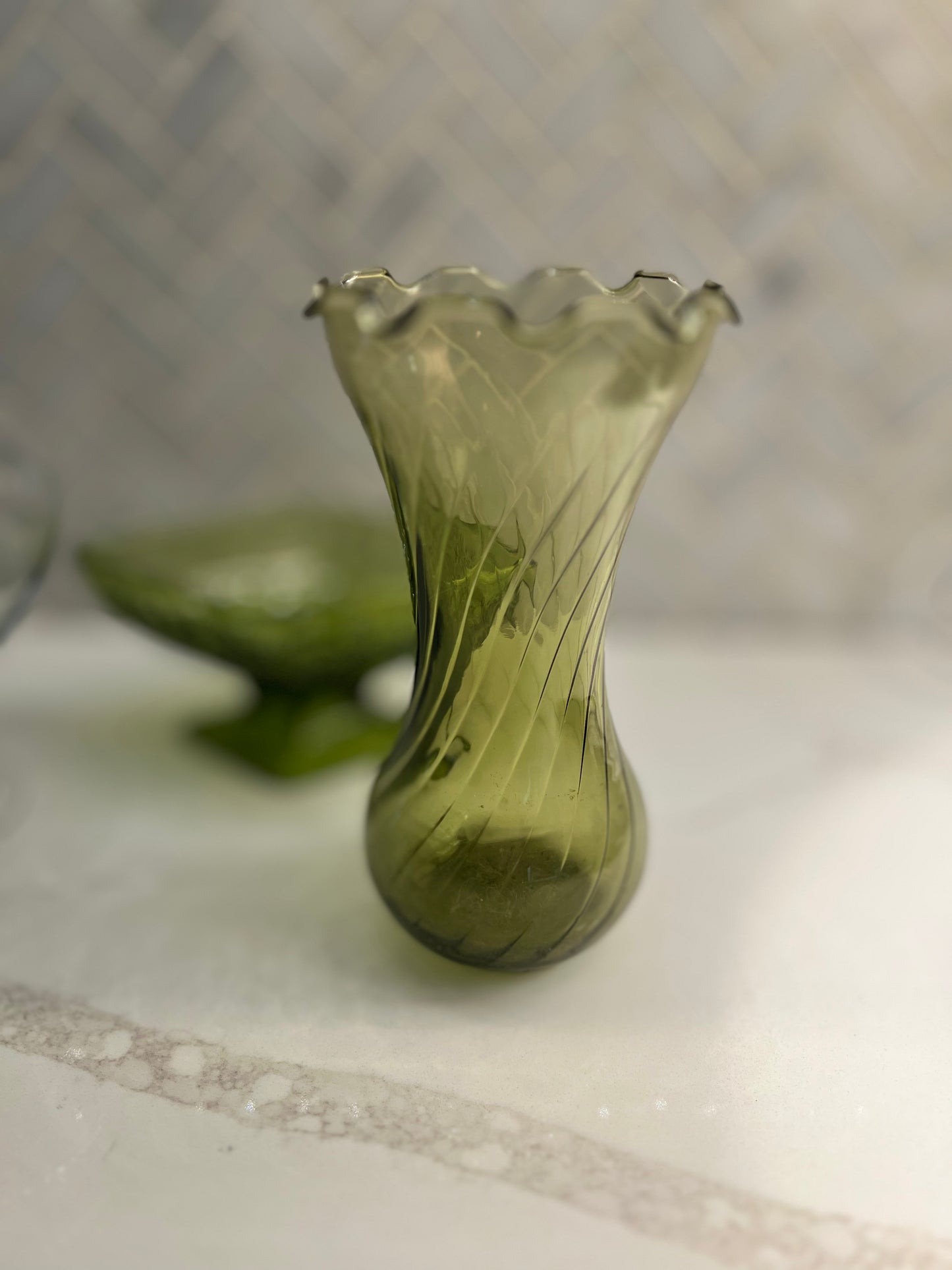 Vintage Green Glass Bud Vase With Swirl Pattern and Ruffled Edge