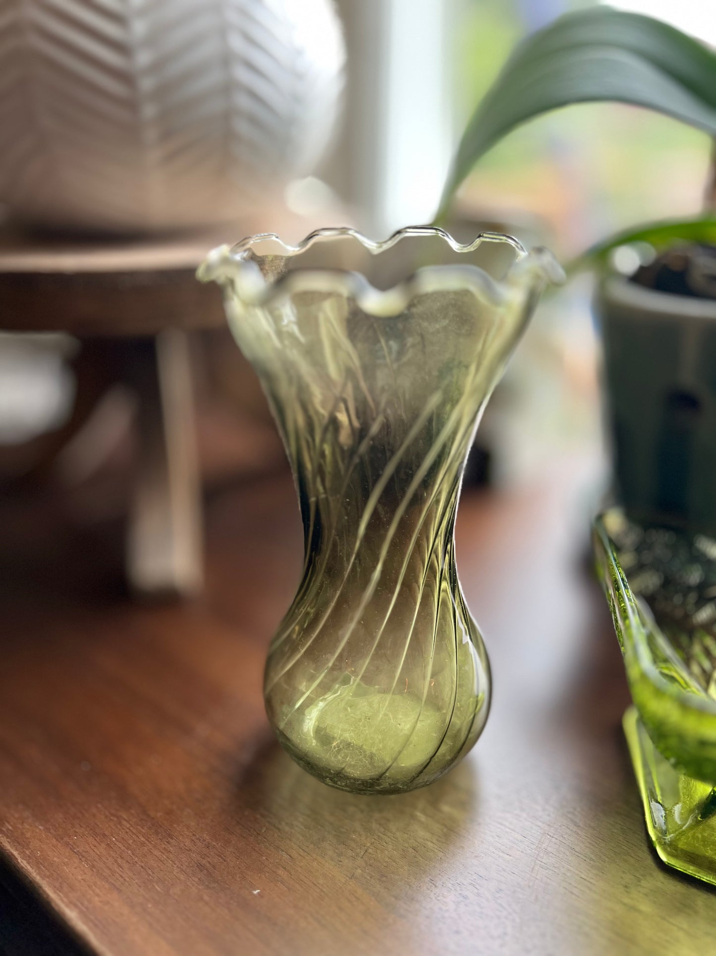 Vintage Green Glass Bud Vase With Swirl Pattern and Ruffled Edge