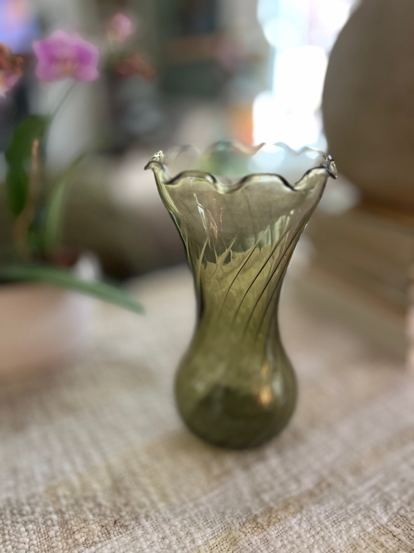 Vintage Green Glass Bud Vase With Swirl Pattern and Ruffled Edge