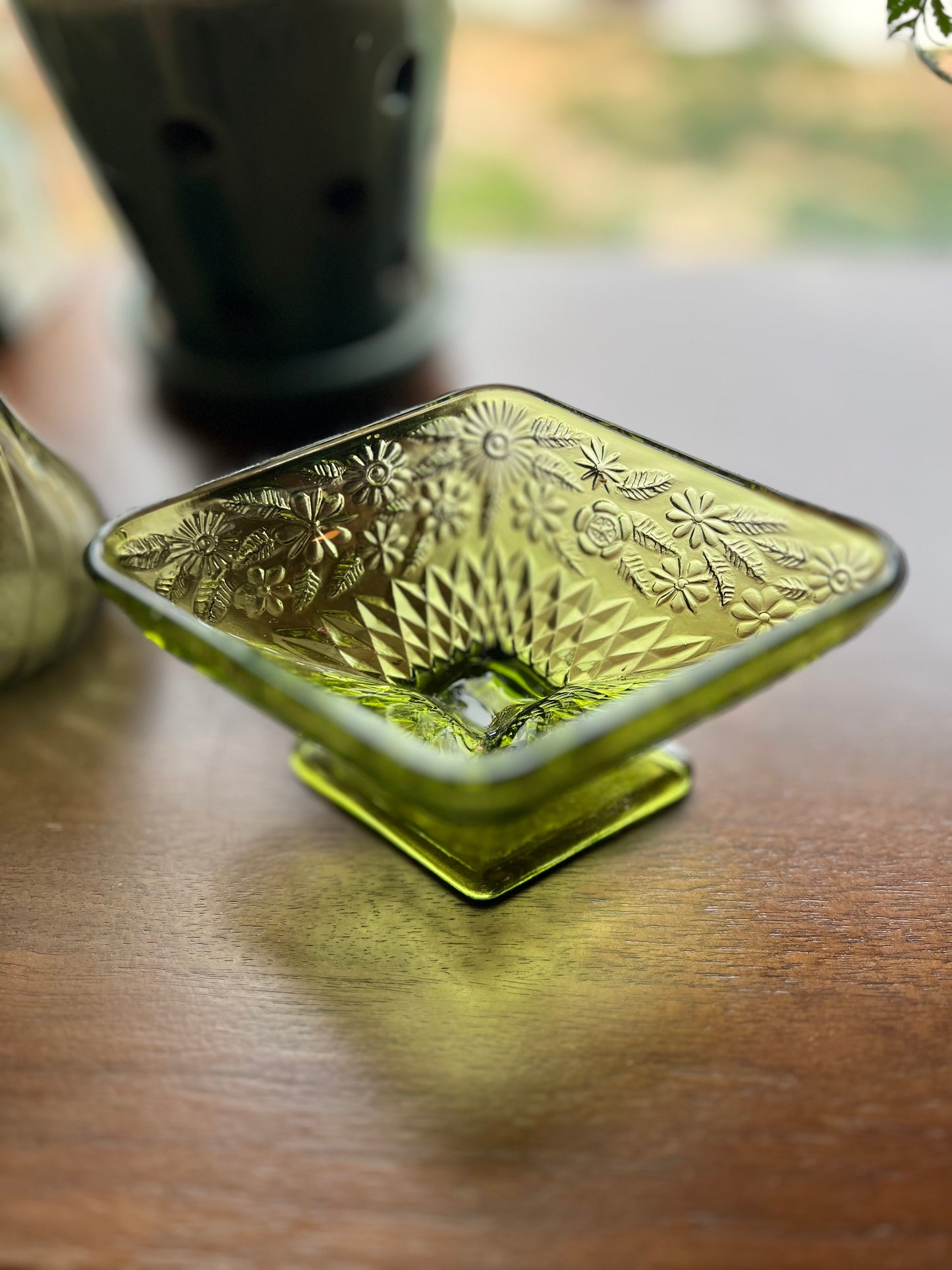 Vintage Green Indiana Glass Pedestal Bowl