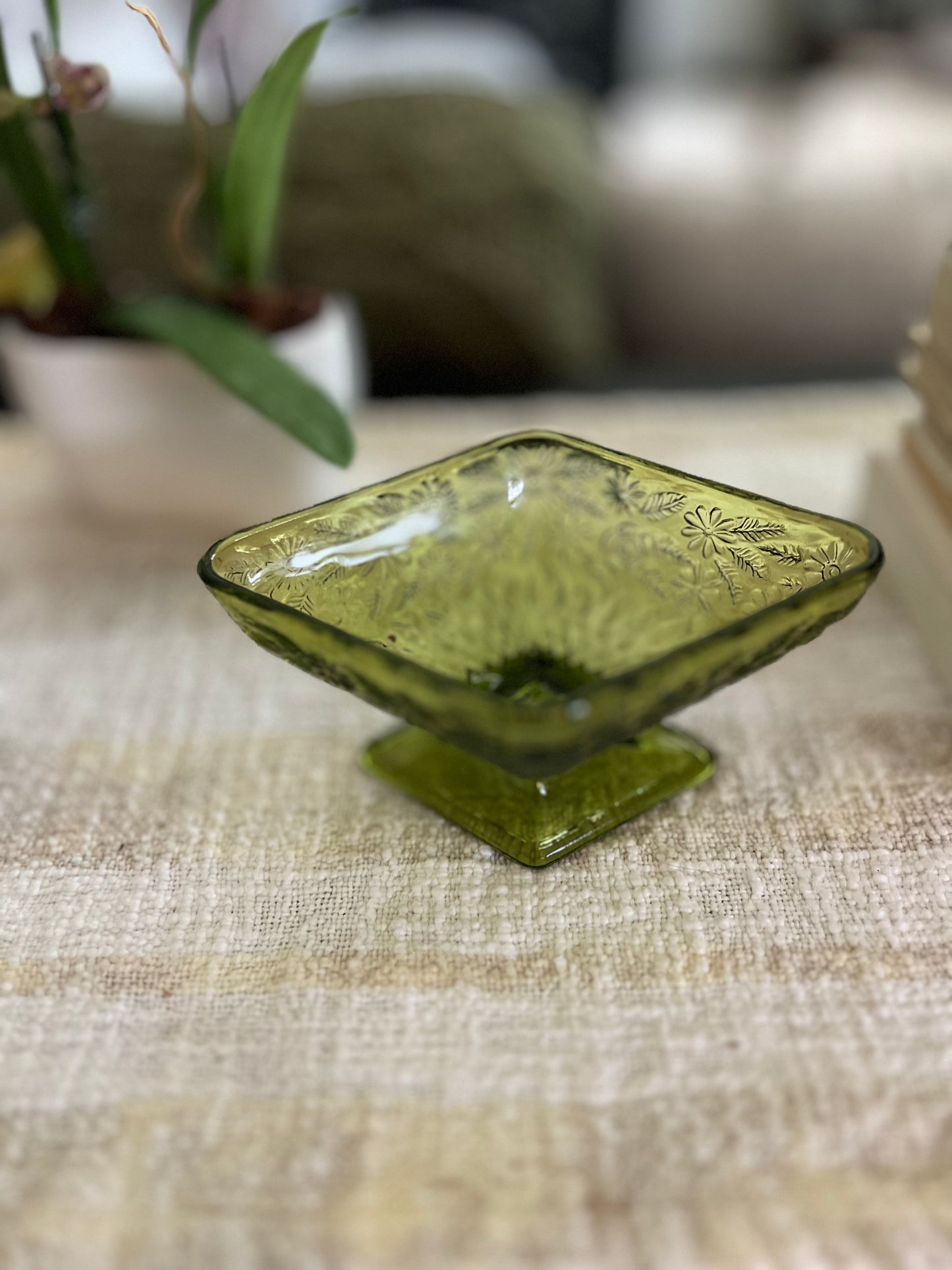 Vintage Green Indiana Glass Pedestal Bowl