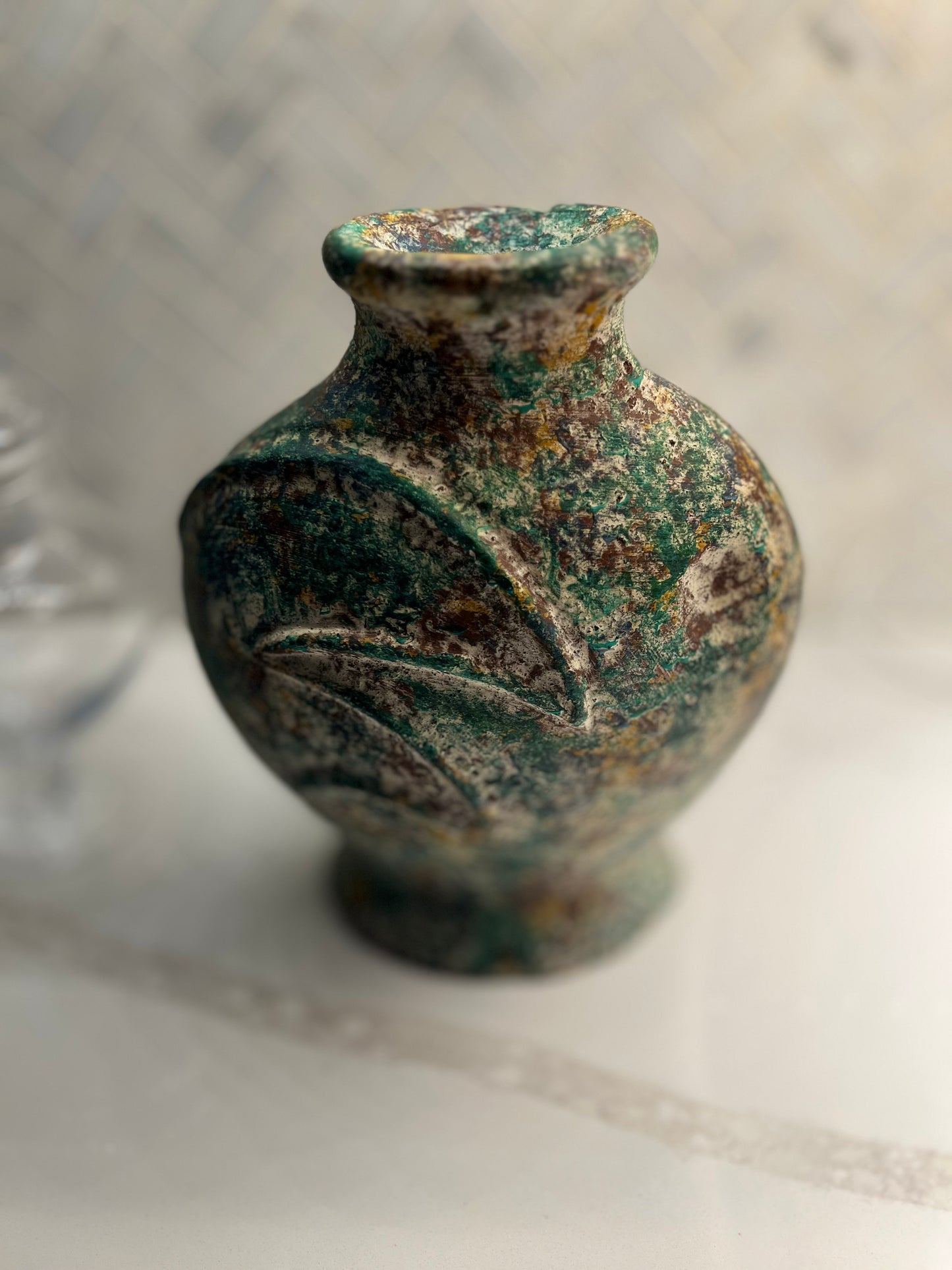 Decorative Ceramic Vase With Mottled Green Pattern - Made in Mexico