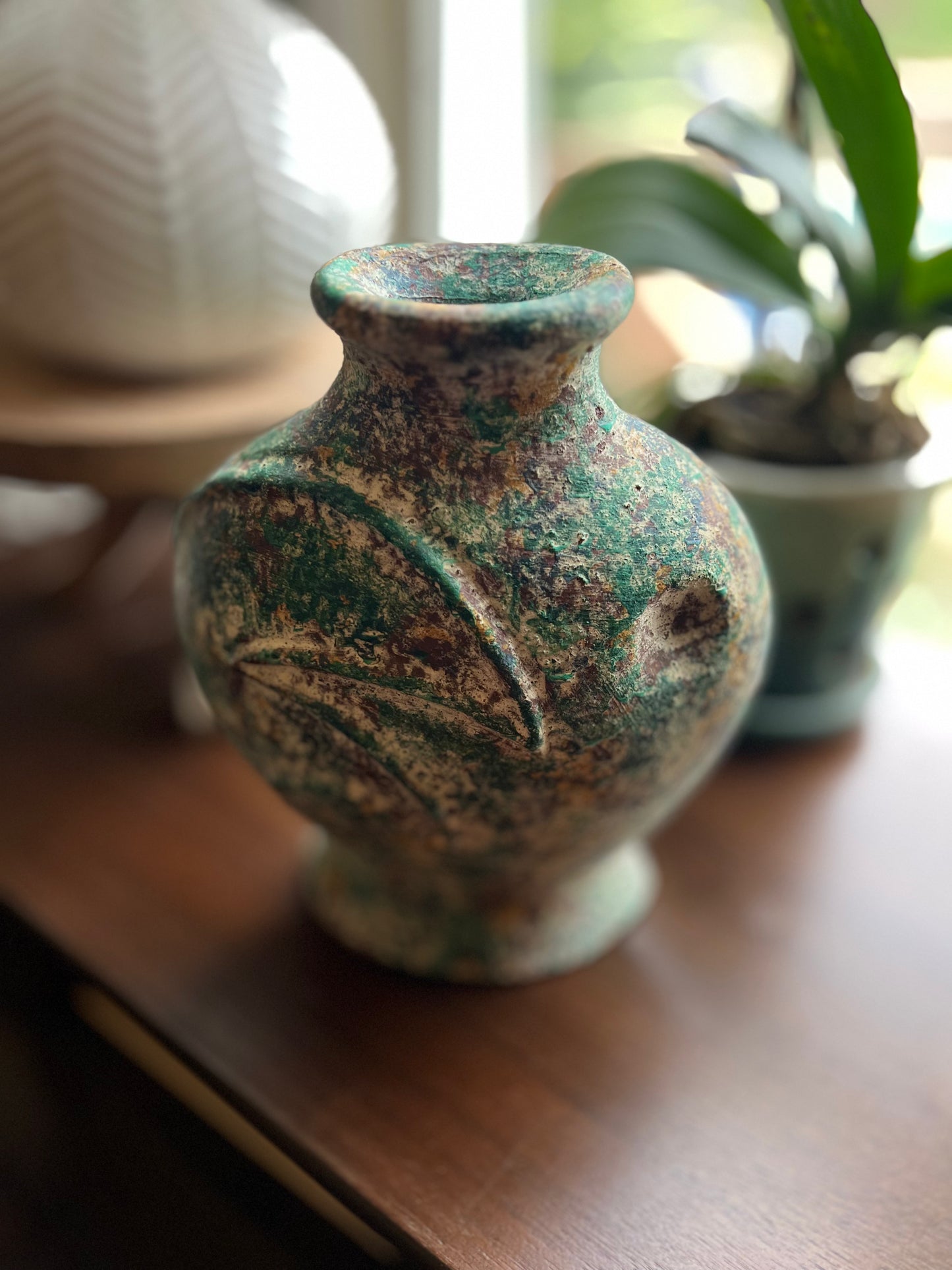 Decorative Ceramic Vase With Mottled Green Pattern - Made in Mexico