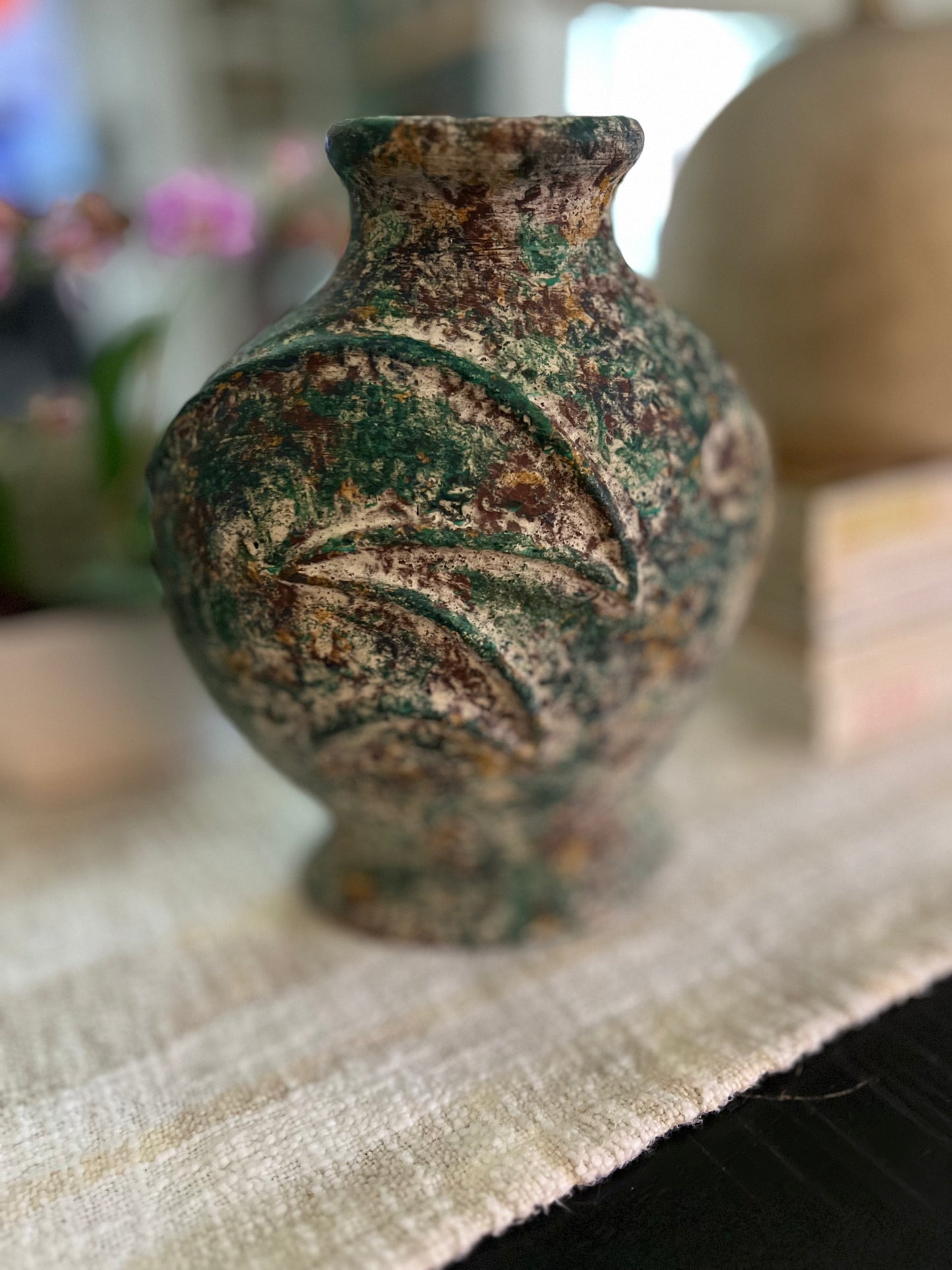 Decorative Ceramic Vase With Mottled Green Pattern - Made in Mexico