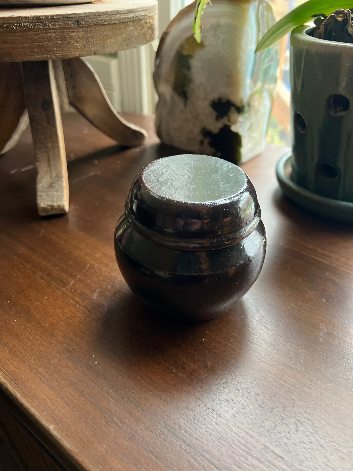 Korean Onggi Lidded Jar Earthenware Pottery