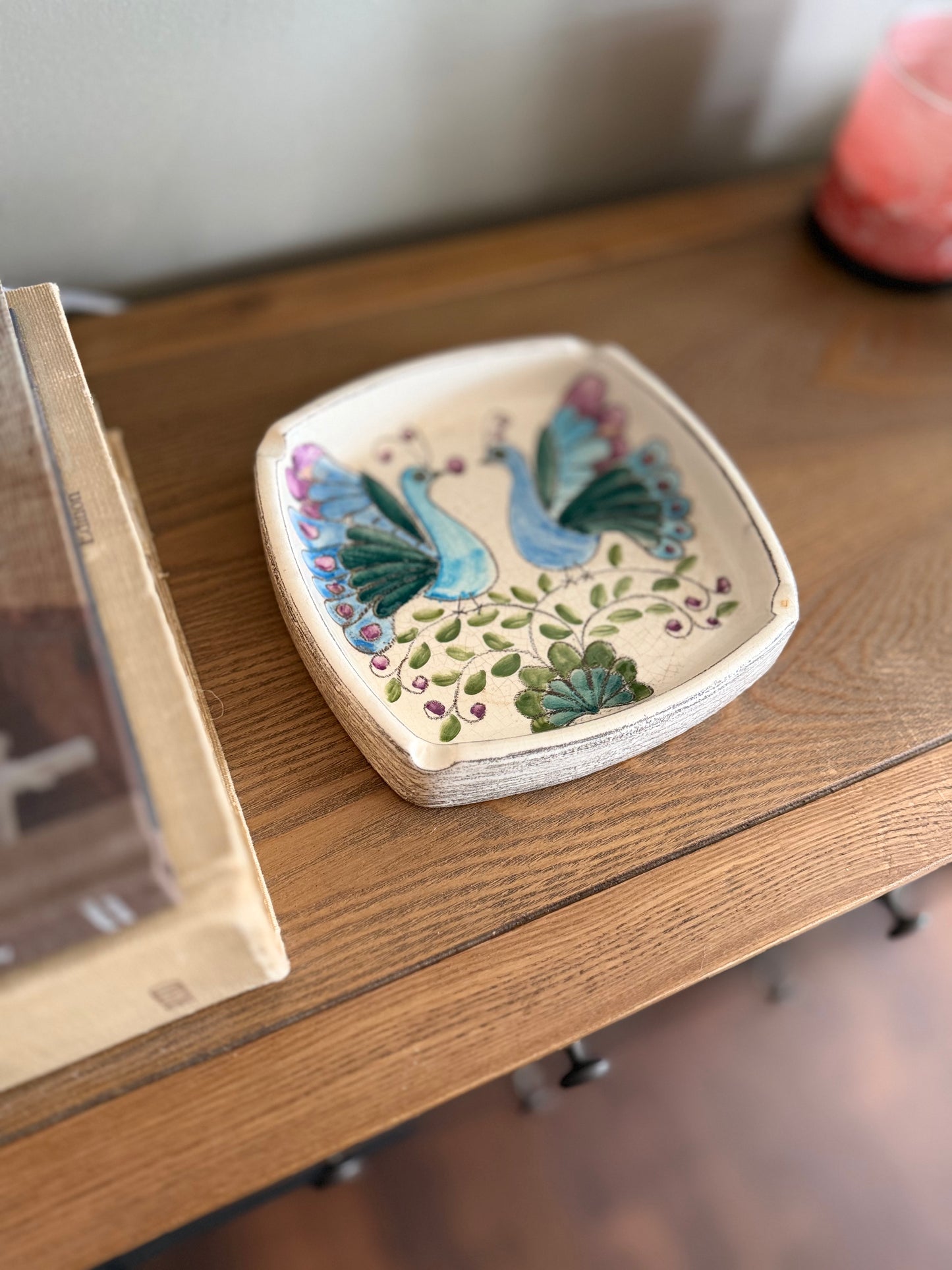Vintage Eduardo Vega Signed Peacock Ceramic Tray