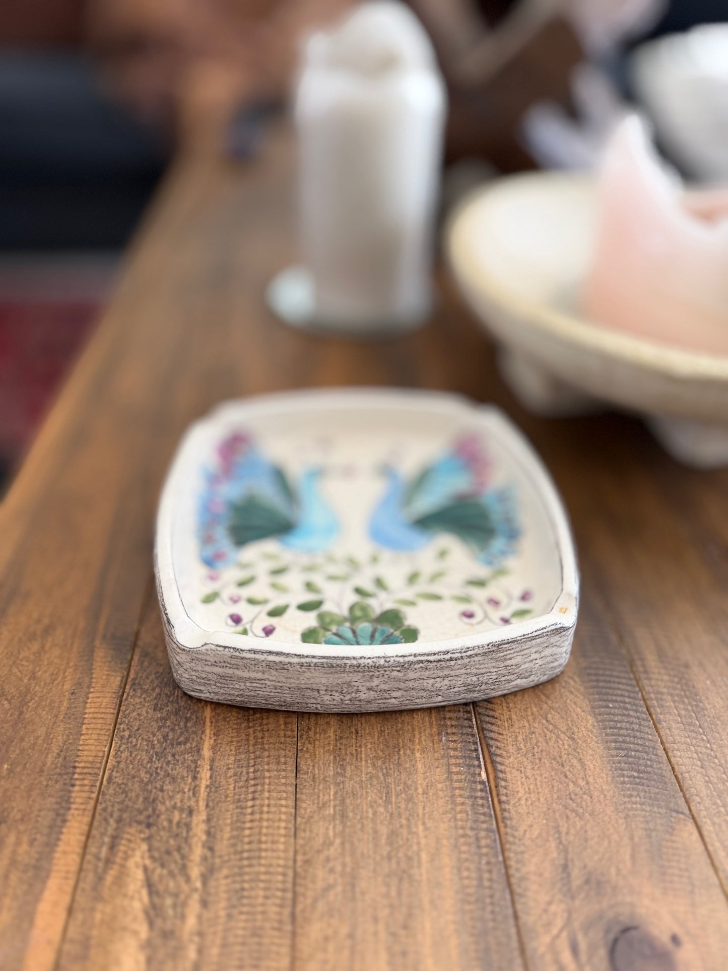 Vintage Eduardo Vega Signed Peacock Ceramic Tray