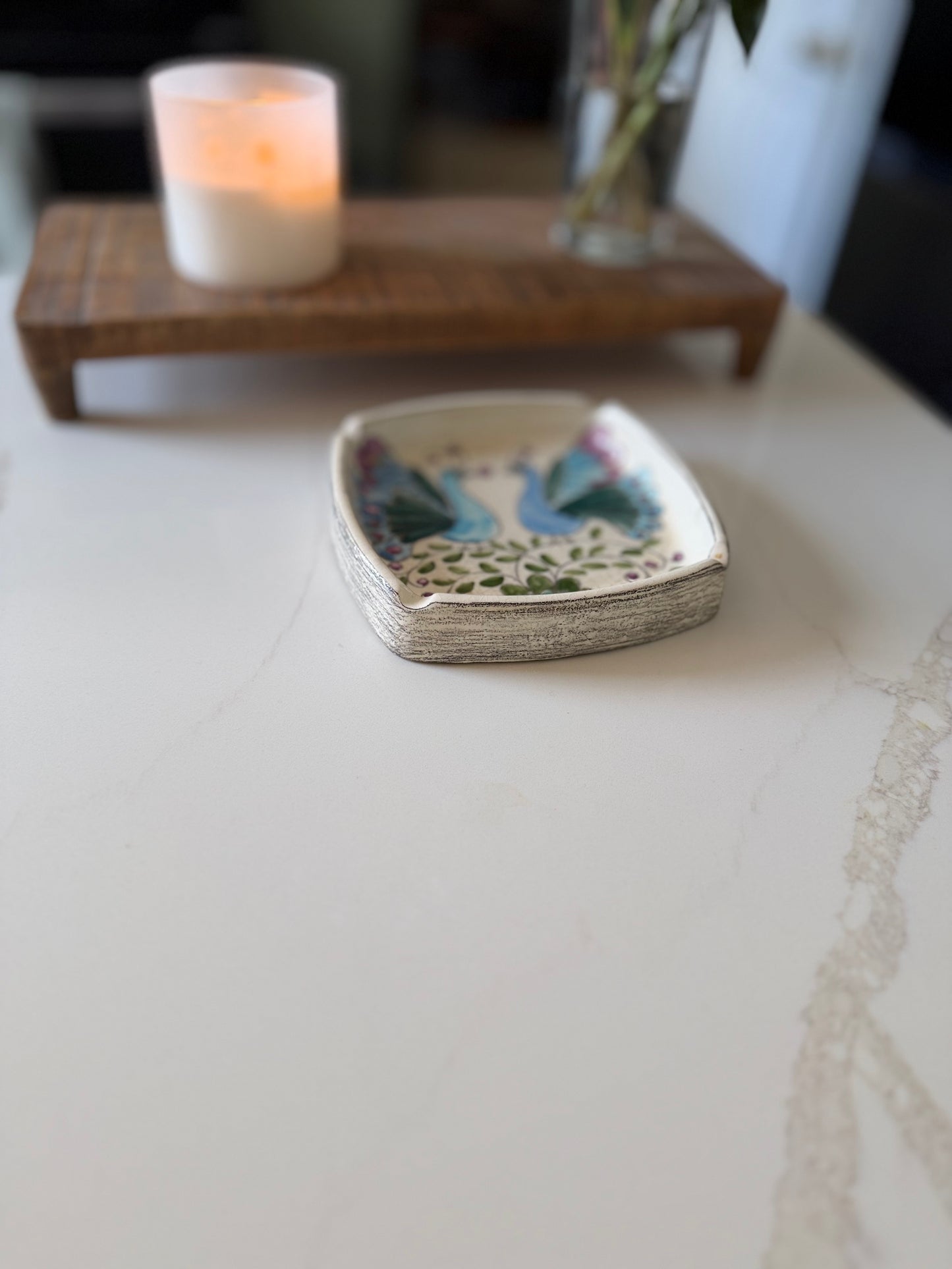 Vintage Eduardo Vega Signed Peacock Ceramic Tray