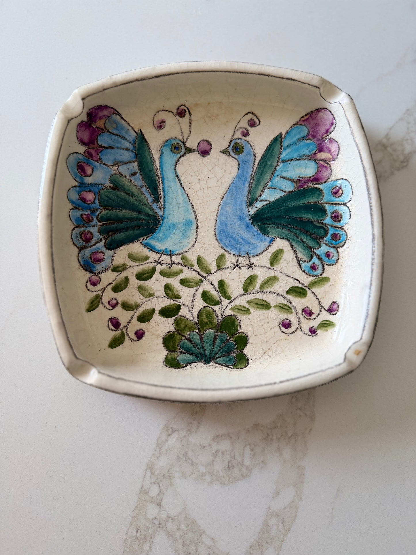 Vintage Eduardo Vega Signed Peacock Ceramic Tray