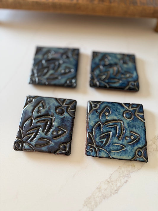 Handmade Signed Pottery Tile Drink Coasters