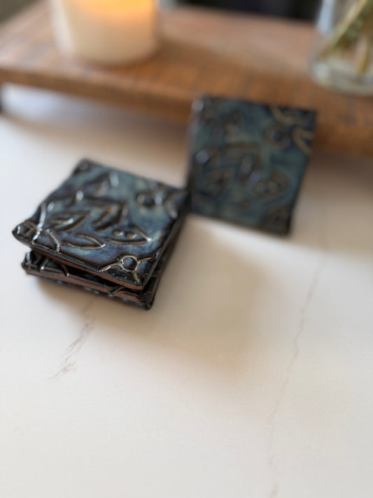 Handmade Signed Pottery Tile Drink Coasters