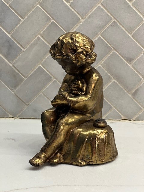 Vintage Bronze Cherub Child's Pen Holder (as is)