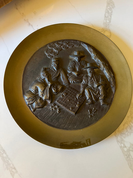 Vintage Bronze Decorative Plate Charger - Men Playing Board Game