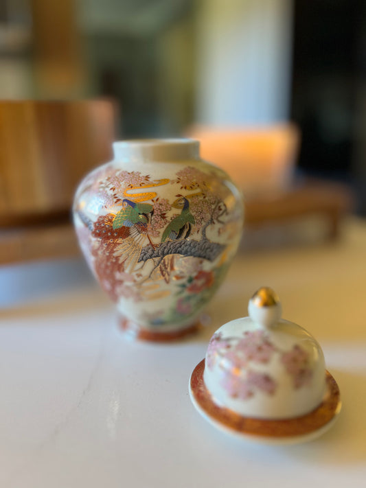 Vintage Japanese Satsuma Peacock Jar
