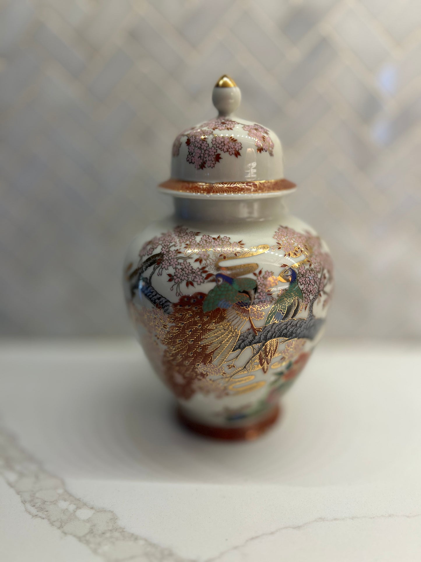 Vintage Japanese Satsuma Peacock Jar
